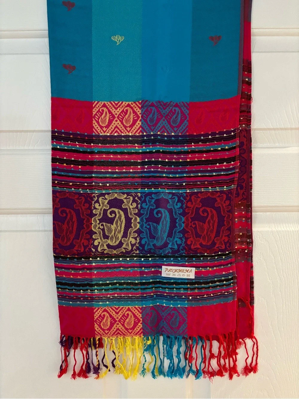 Gorgeous ethnic design pashmina scarf with tassels - large
